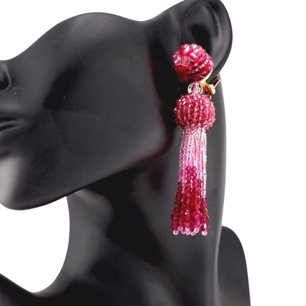 Oscar de la Renta Tassel Clip On Earrings Pink Fuchsia Beaded Drop